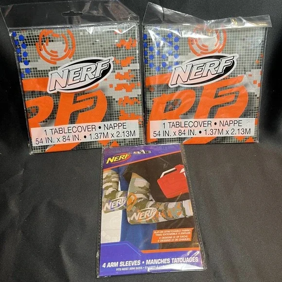 NERF Party Supplies Lot: 2 Plastic Tablecovers & 1 Pack of 4 Arm Sleeves Blaster