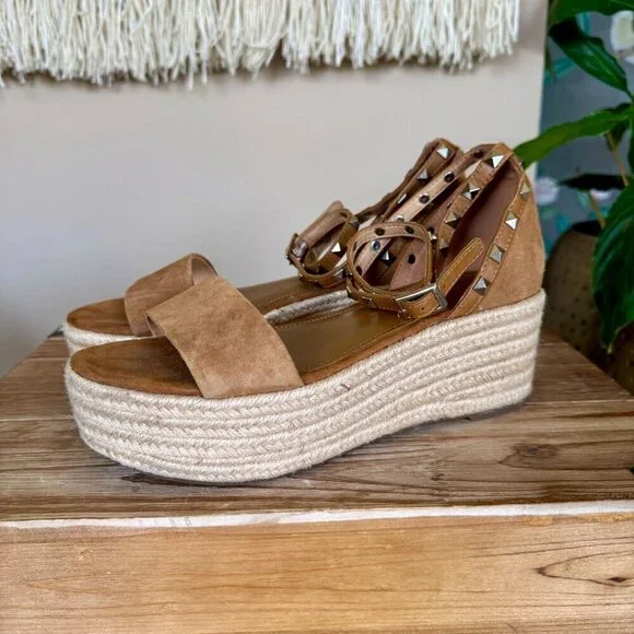 MARC FISHER Jazlyn Silver Studded Ankle Strap Espadrille Wedge Sandals Size 7.5