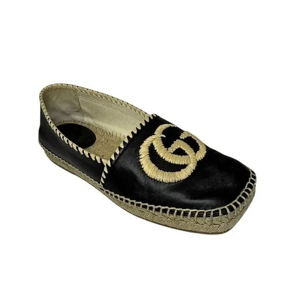 Gucci Charlotte Interlocking G Nappa Leather Espadrille EU 37 Square Toe