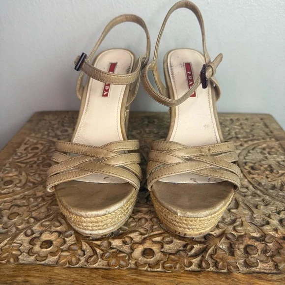 Prada Women's Leather Espadrille Cork Platform Sandals Sz 36