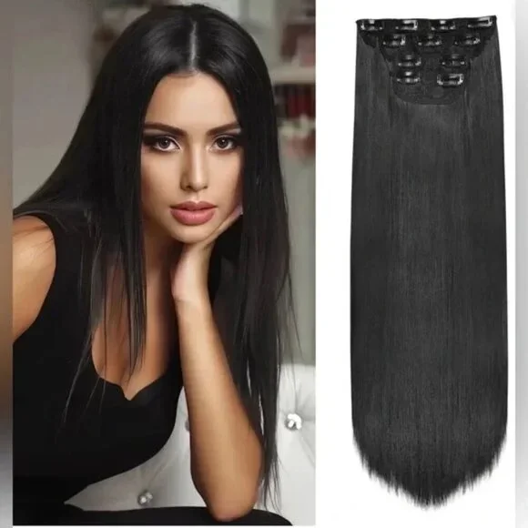 Black Clip in hair extensions - Human hair Blend
