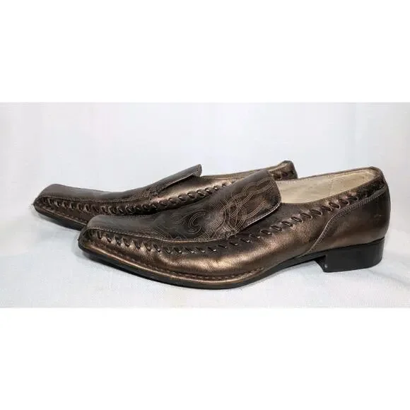 Stacy Adams Mens Western Leather Loafers‎ 11.5 Brown Square Toe Bronze Metallic