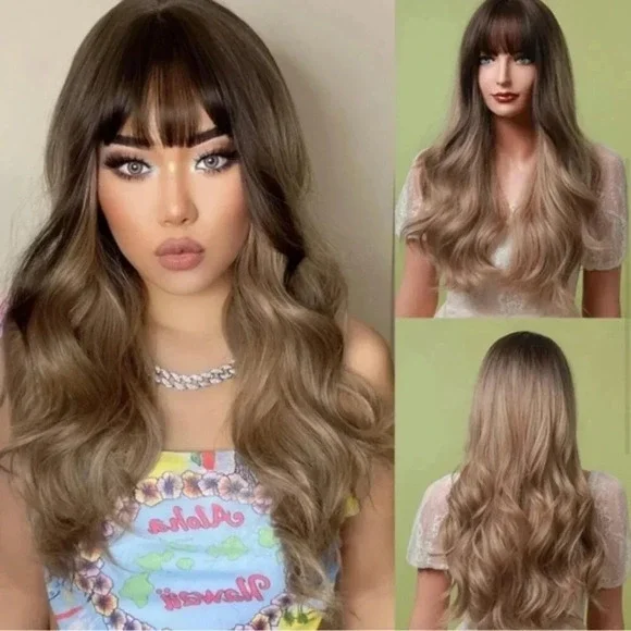 26 Inch Chocolate Brown to blonde Balayage Wavy Wig with bangs for daily…