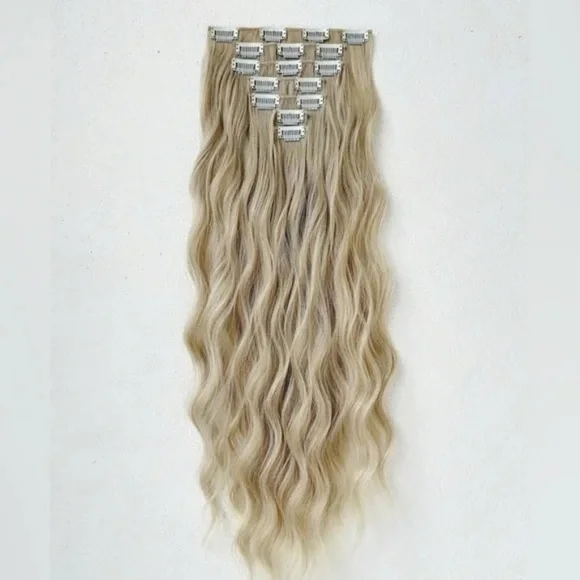 24 In Clip in light Ash Blonde Wavy Hair Extensions