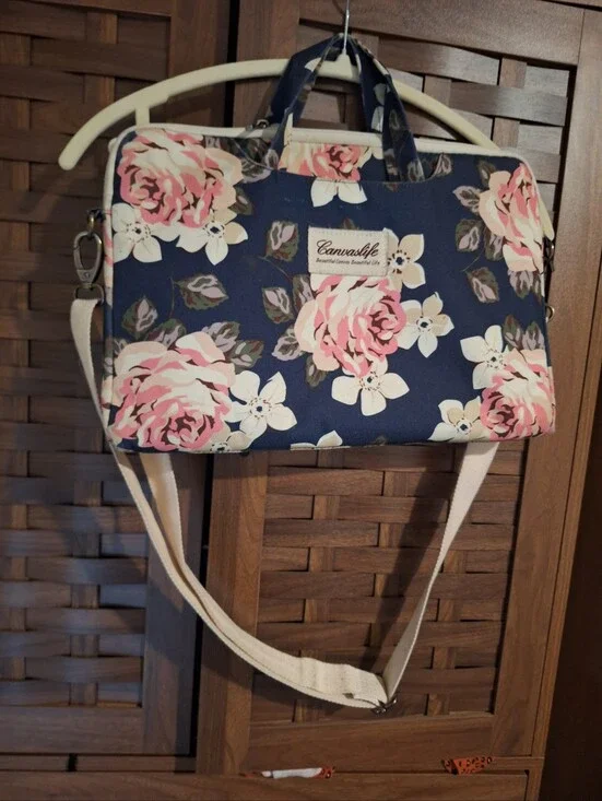 Laptop Messenger Bag Navy Floral Crossbody Bag with Pink Roses