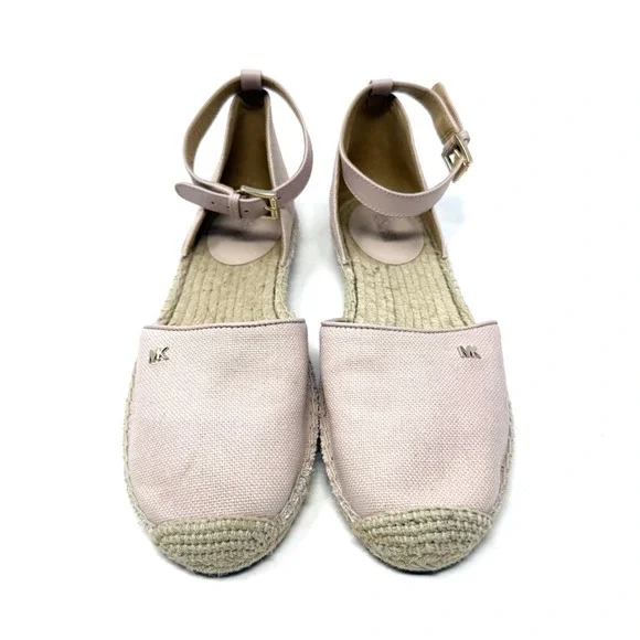 Michael Kors Womens Blush Pink Canvas Ankle Strap Espadrille Flats MK Logo 7M