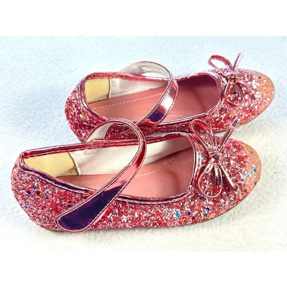 Jiaduowang Girls Pink Glitter Mary Jane Flats Bow Dress Shoes Size 28 US 11