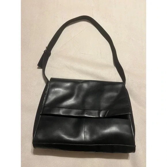 Nine West Black Leather Messenger Bag Laptop Case Professional Work Tote