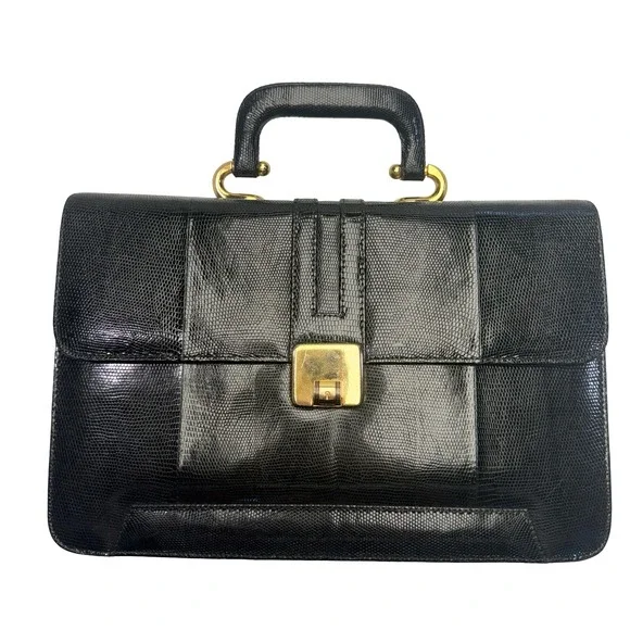 Vintage Black Lizard Embossed Leather Top Handle Strap Purse Bag Gold Hardware