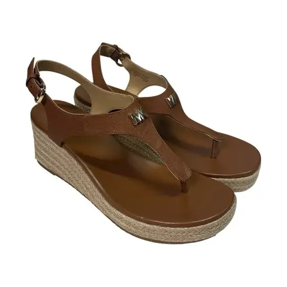 New Michael Kors Sandals Womens 7.5 Brown Leather T Strap Wedge Espadrille Beach