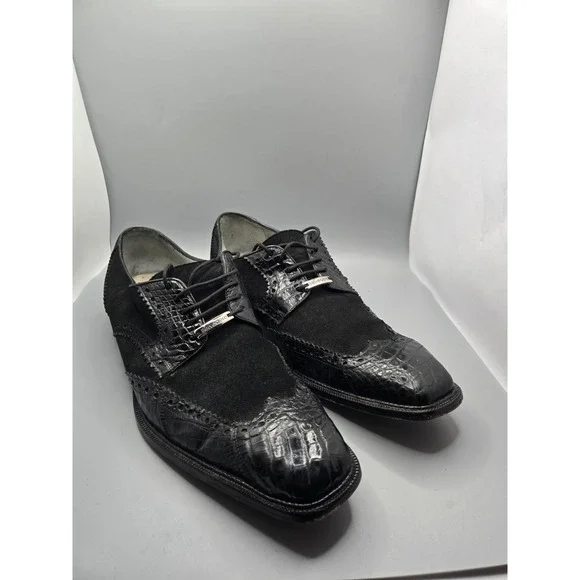 Belvedere Mens Wingtip Oxfords Black Leather Crocodile‎ Square Toe Lace Up 9.5