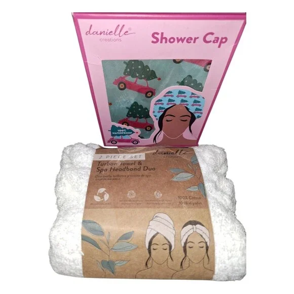danielle creations Shower Cap & Spa Towel Set - Teal w/ Car Print & White Towel