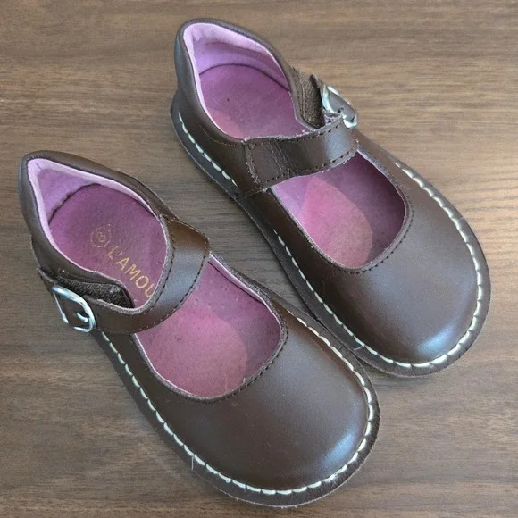 L'Amour Girls Brown Leather Mary Jane Shoes Buckle Strap Pink Insole Size 8