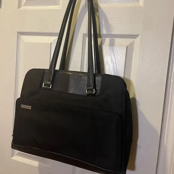Victorinox Swiss Black Canvas &leather laptop Bag Briefcase silver tone hardware