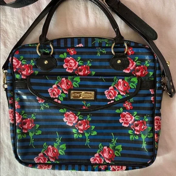 Betsy Johnson Laptop Bag Crossbody Roses Stripes