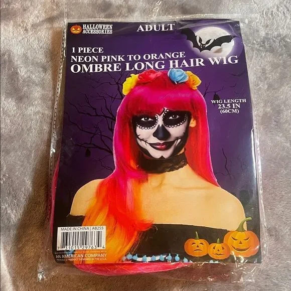 Neon Pink to Orange Ombre Long Hair Wig New