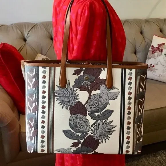 TORY BURCH FLORAL WINE PERRY LARGE TOTE LAPTOP TRAVEL HANDBAG WORK VACAT…