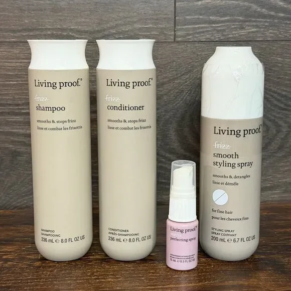 Living Proof No Frizz Shampoo Conditioner Smooth Spray Bundle + Mini, New.