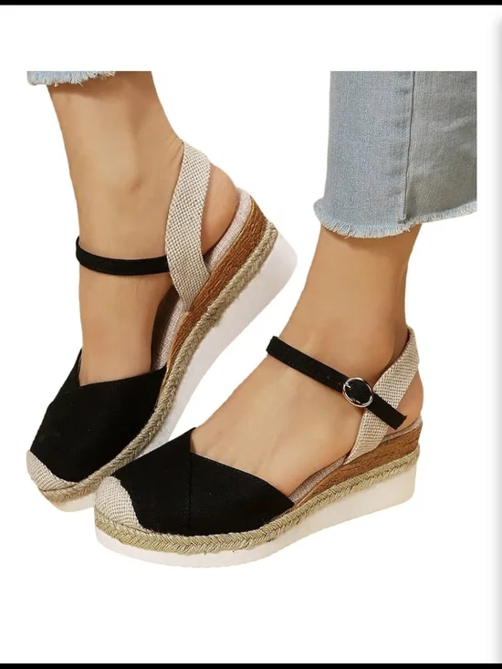 Canvas Black Espadrille Wedge Sandals with Ankle Strap