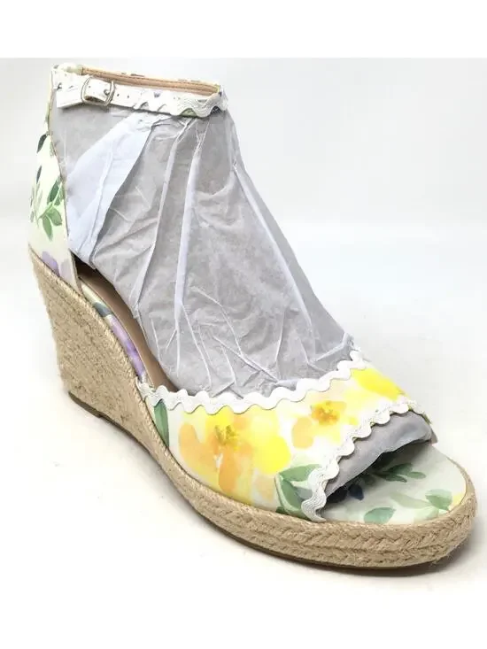 Bandolino Kendri7 Women's Sz 10M Yellow Floral Espadrille Peep Toe Wedge Sandals