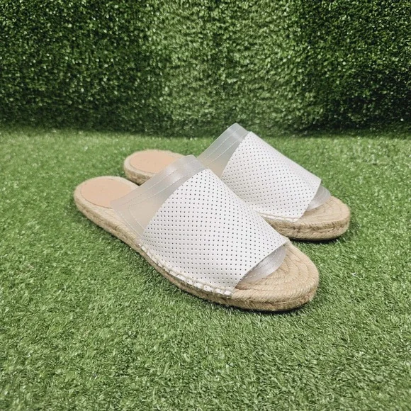 J.Crew Valencia White Perforated Leather Slip On Espadrille Slides Womens 9