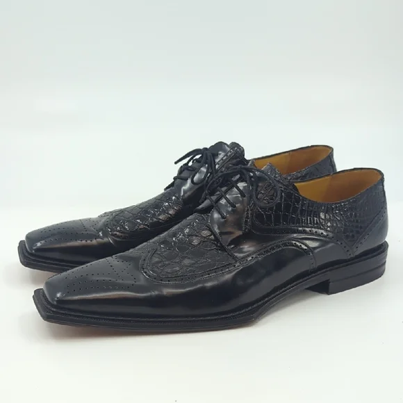 MEZLAN Platinum Wingtip Oxford Lace Up Shoes Black Crocodile Inset Sz 16