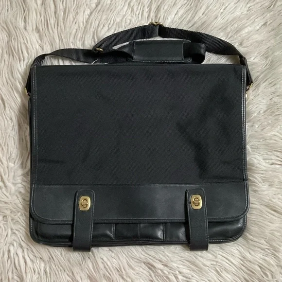 Coach Vintage Nylon Leather Trim Black Briefcase Messenger Laptop Travel Bag OS