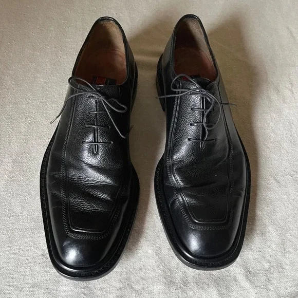 A. Testoni Black Leather Apron Toe Oxford Dress Shoes‎ Sz 10M Italy
