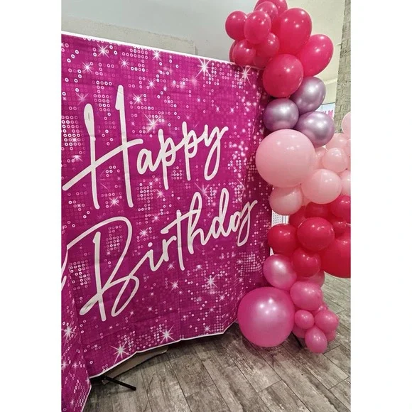 Pink Glitter 6ft x 8ft Happy Birthday Backdrop + Balloon Arch, Barbie Disco Glam
