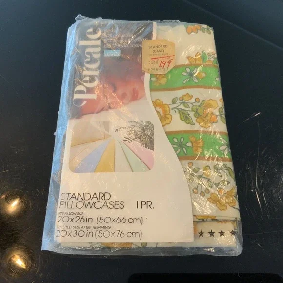 Vintage Percale Pair of Pillow Cases Yellow Green Floral Standard Sealed NOS