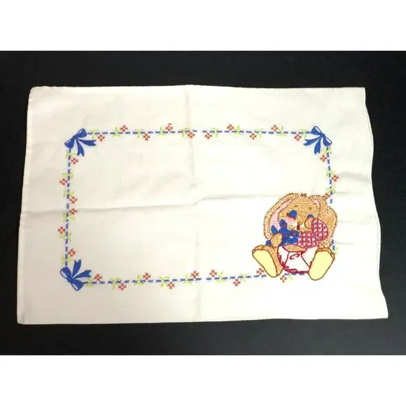 Vintage Embroidered Bunny Rabbit Baby Pillowcase, Handmade