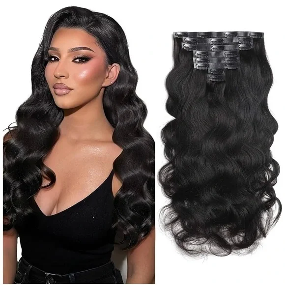 20” Natural Black Body Wave Human Hair PU Clip In Extensions 115g #RA4