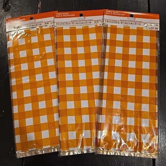 NEW Celebrate It ORANGE PLAID Treat Bags 3 Pkgs = 60 Bags w/ Ties‎ Total