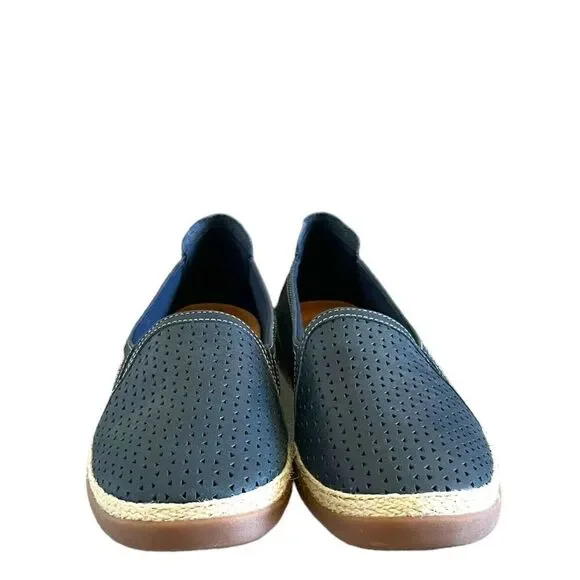 Clarks NEW Elaina Ruby Leather Perforated Slip-On Espadrilles In Navy Size 12