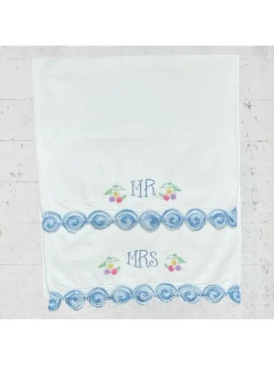 King Size Hand Embroidered Crochet Mr & Mrs Pillowcases Cottagecore