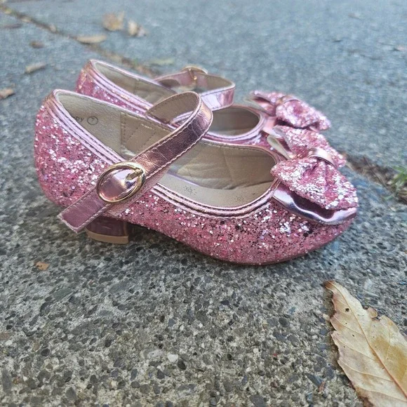 Pandanija Kids Girls Sparkly Pink Glitter Bow Mary‎ Jane Shoes Size 7