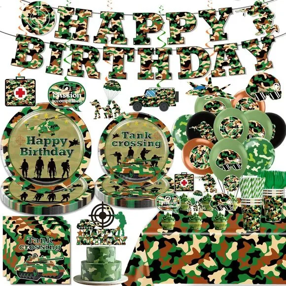 New 198 Piece Camo Camouflage Party Supplies Plates Napkins Decorations