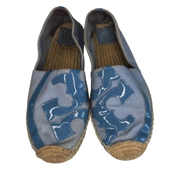 Tory Burch Women Blue Canvas Patent Leather Logo Espadrille Flats Size 10