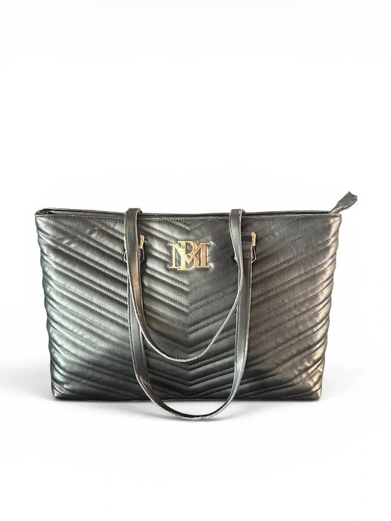 BADGLEY MISCHKA Black Chevron Quilted Leather Tote Laptop Bag w/Gold-Plated Logo