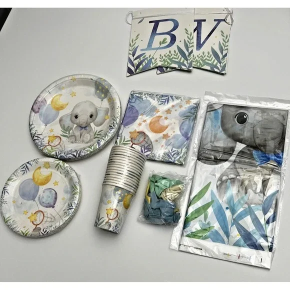 Elephant Baby Boy Shower Party Supplies -‎ Serves 16 - Blue Elephant Decorati...
