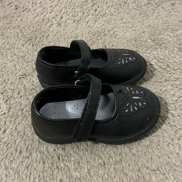 Cherokee Black Mary Jane Velcro Dress Shoes with Butterfly Design Girl Size 5