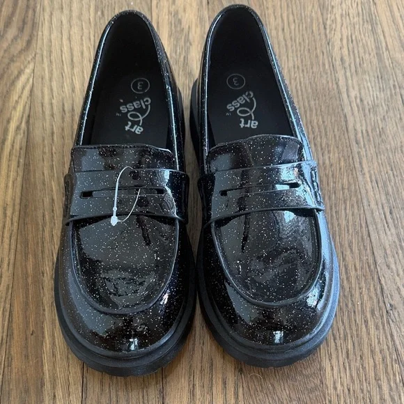 art class Black Glitter Penny Loafers for Kids - Sparkle Finish size 3