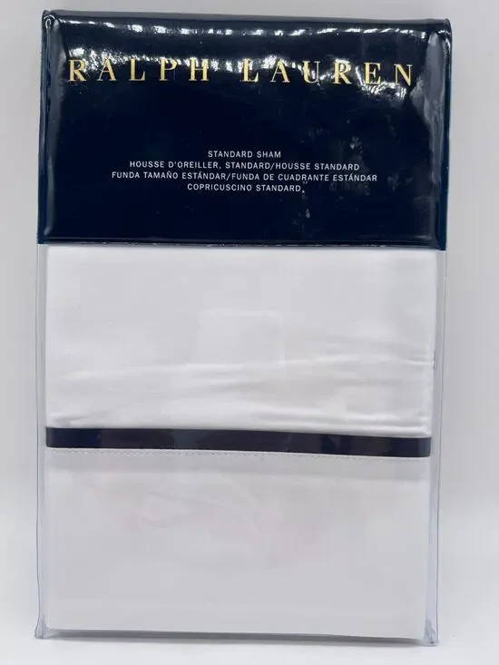 Ralph Lauren Palmer 100% Cotton Percale White Polo Navy Blue Standard Sham NEW