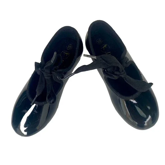 Danskin Freestyle Black Patent Tap Shoes Strap and Bow Tie Close Size 10 Toddler
