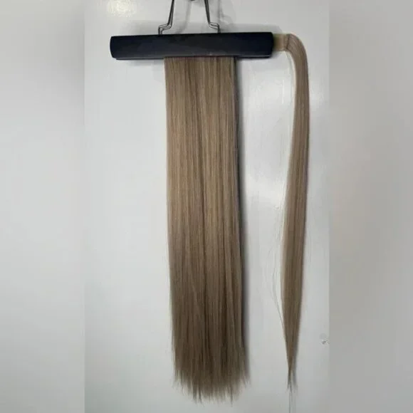 28” Human Hair Blend Wrap Around Ponytail – Silk Straight, Natural Ash Blonde