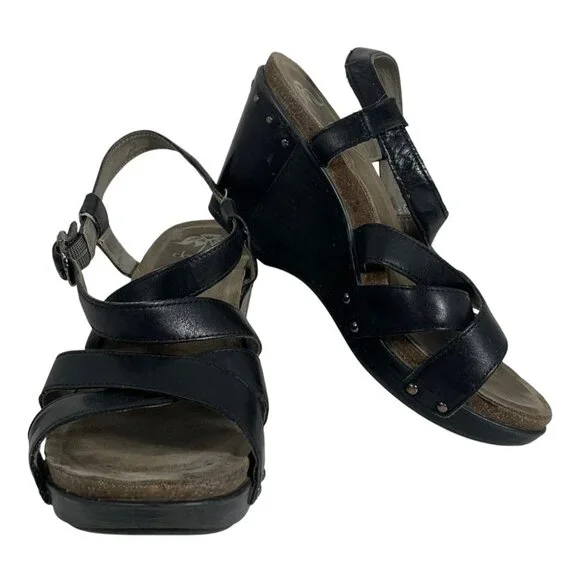 DANSKO Frida Women's Black Leather Studded Wedge Slingback Sandal Open Toe SZ 39