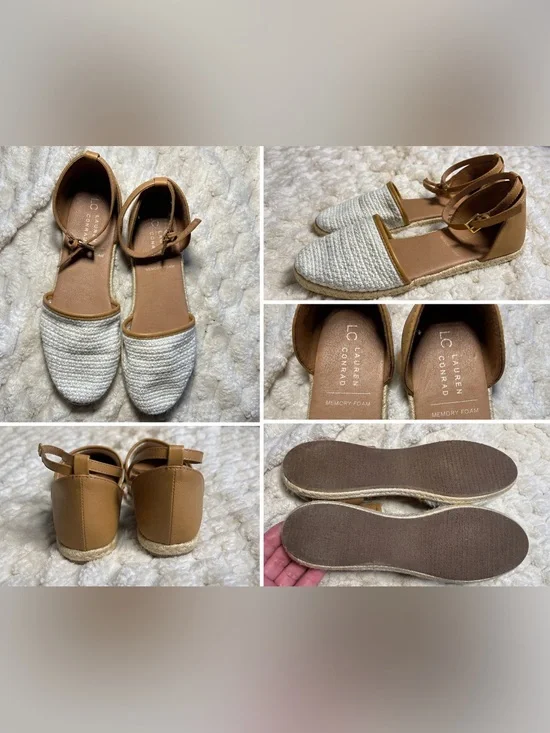 LC Lauren Conrad Size 8 White Woven Espadrille Flats Tan Ankle Strap Memory Foam