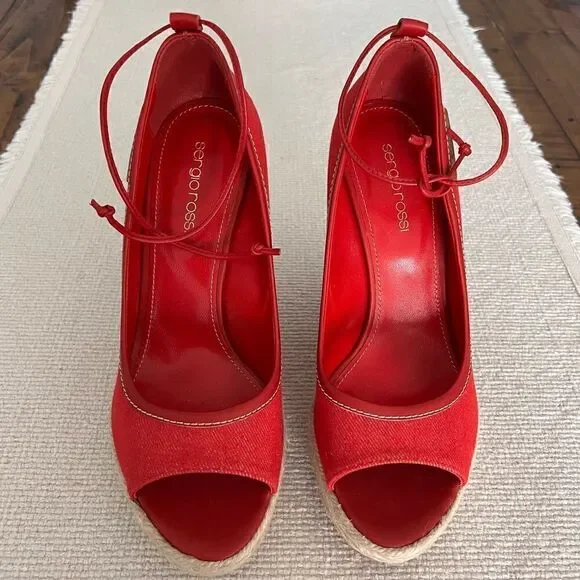 SERGIO ROSSI Red Fabric Espadrille Heels Size 39.