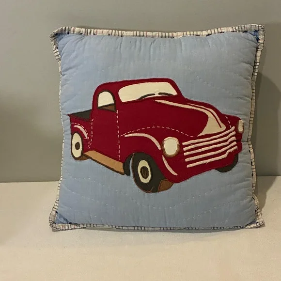 Pottery Barn Kids Red Truck Throw Pillow 12x12 Blue Quilted Farmhouse Americana