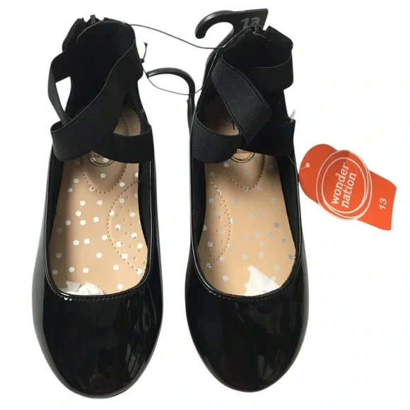 WONDER NATION Girl’s Ankle Ballet Dress Flat Elastic Straps Black Patent Size 13